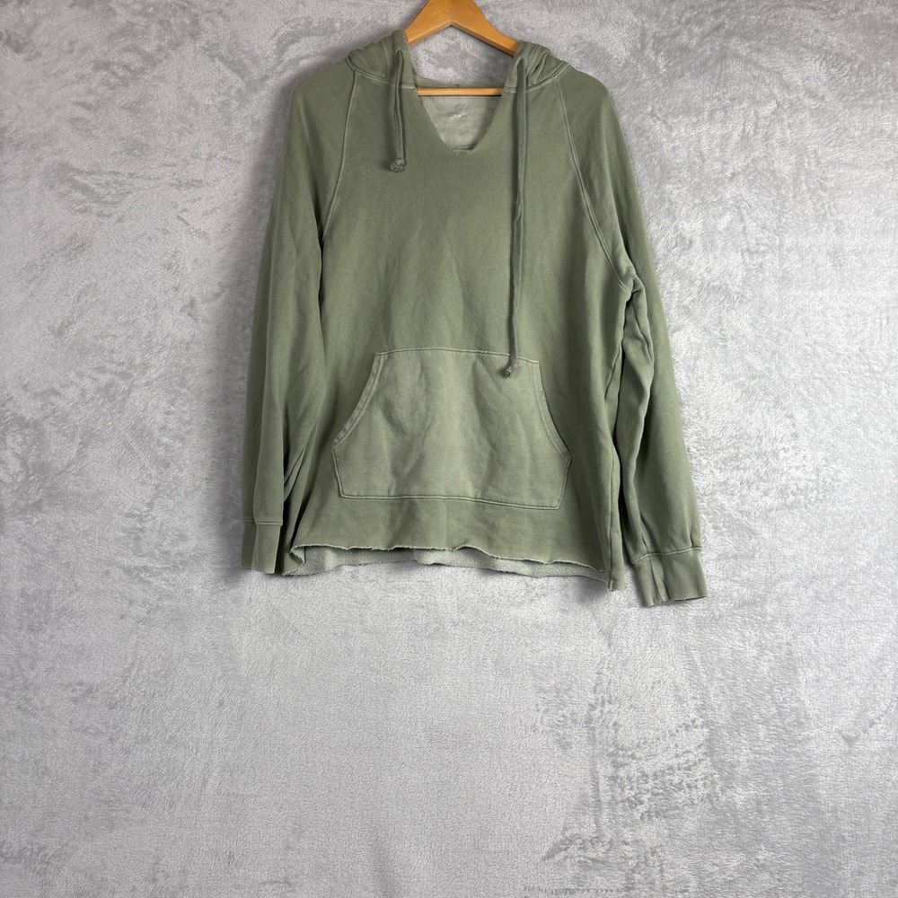 Aerie Womens Sage Green Notched V-Neck Raw Hem Pullover Hoodie Size S